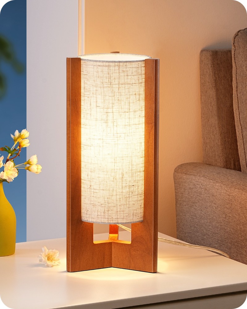 EDISHINE Minimalist Bedside Lamp Walnut Wood Base Beige Linen Shade