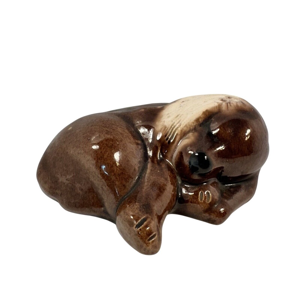 Vintage Brown Ceramic Sleeping Puppy Figurine Statue Signed Dusty