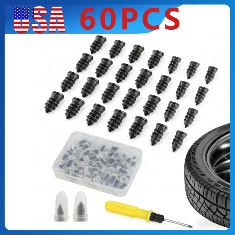 60PCS Car Vacuum Tire Repair Nail Rubber Screw Nails+ Screwdriver Tool Set w/Box