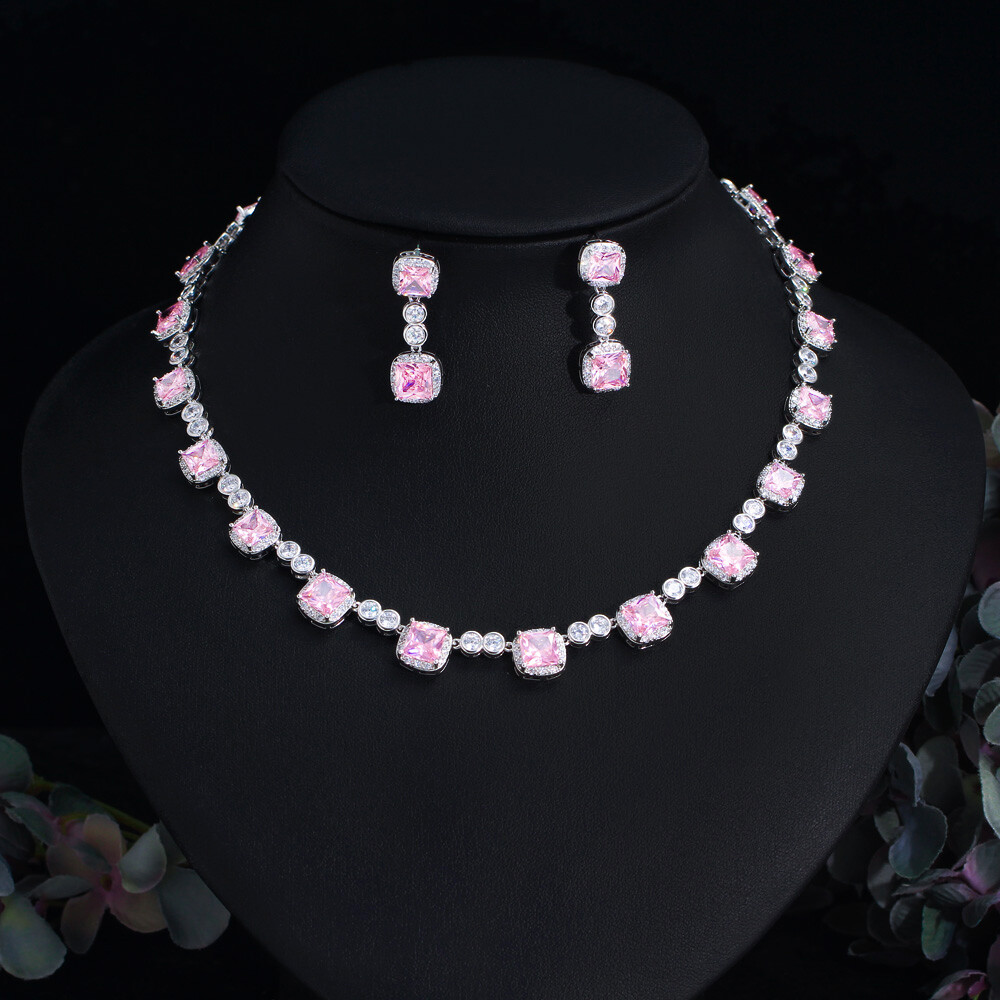 Square Drop Wedding Necklace Earrings Set Silver Plated CZ Bridal Pink Jewellery