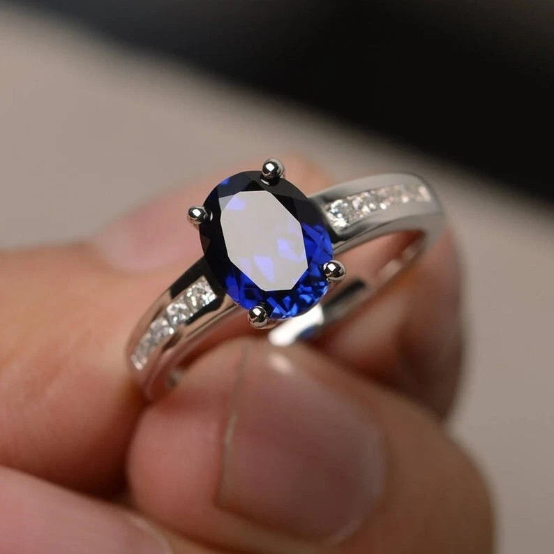 2.35 CT Oval Cut Blue Sapphire Solitaire With Accents Ring 14K White Gold