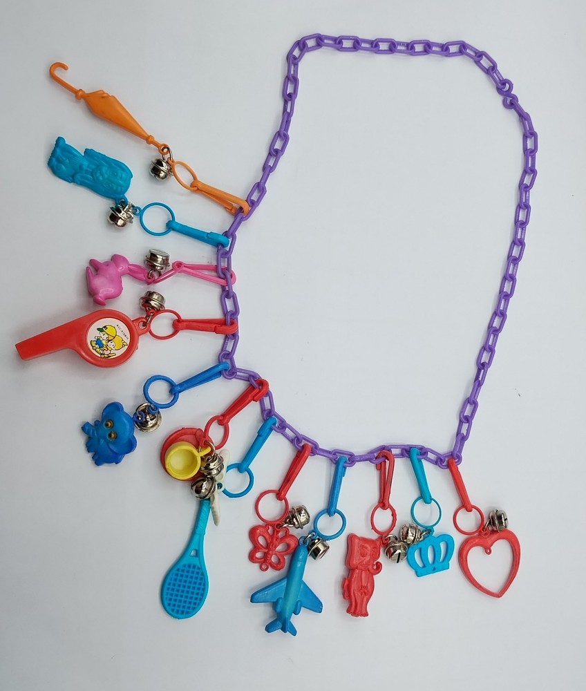 Vintage Bell Charm Necklace with 12 Plastic Clip-on Charms Retro 80s Purple