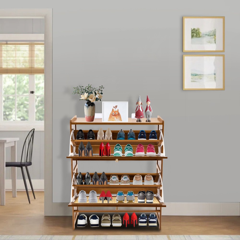 Rattan Shoe Cabinet with 2 Flip Drawers Entryway Storage Organizer