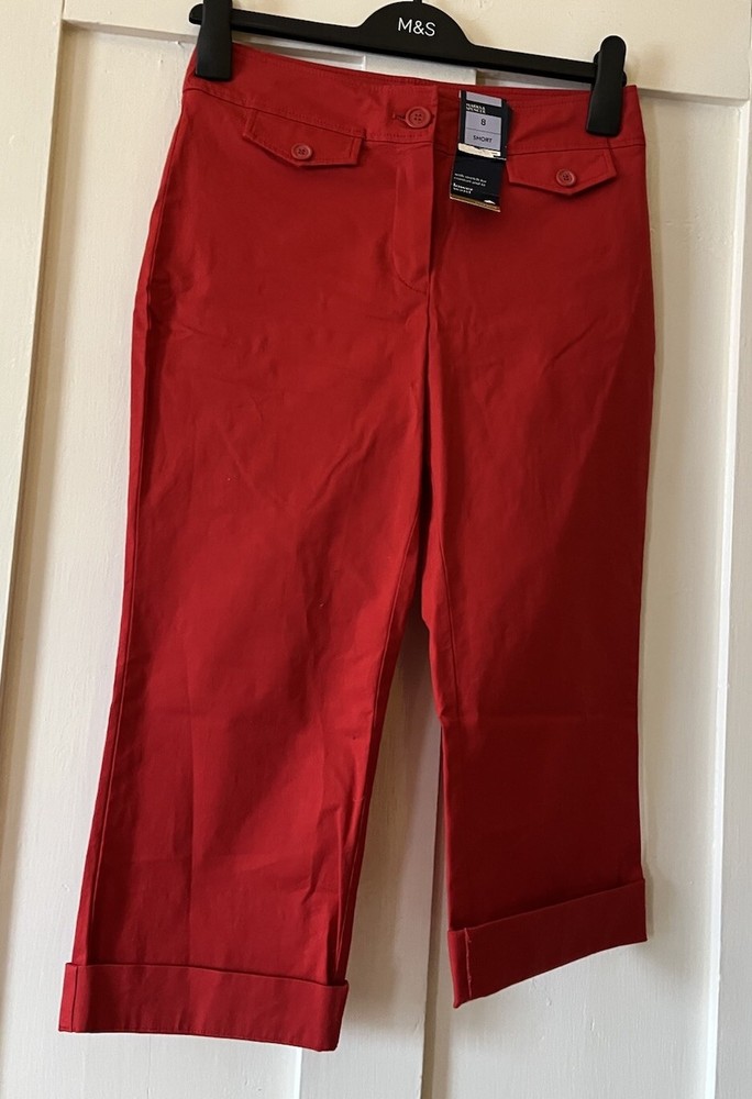 M&S Red Stretch Canvas Lower Waist Cropped Trousers UK8 Short L22