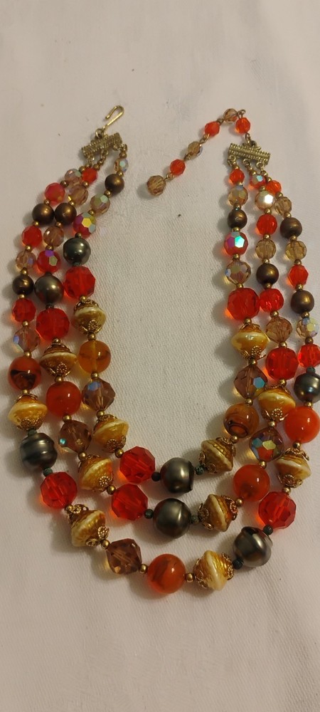 Vintage 1950's Signed Vendome 3 Strand Mixed Glass Crystal Stones Necklace