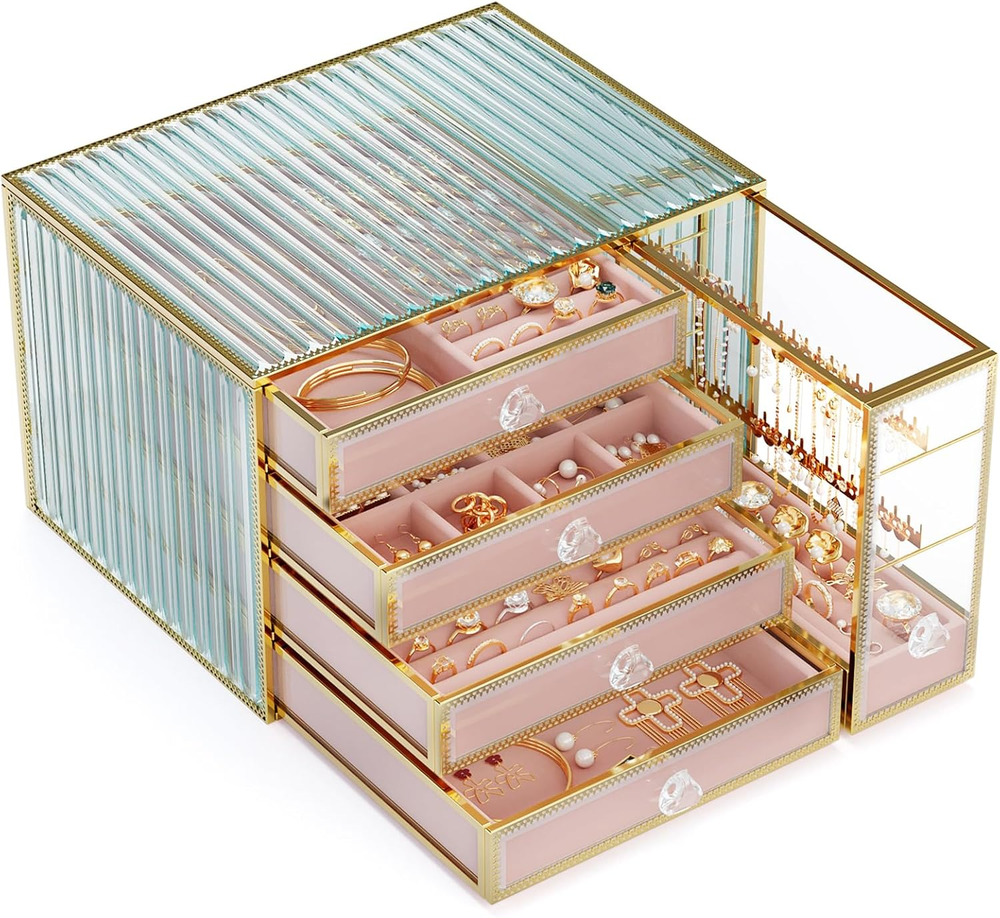 Jewelry Organizer Box-Tempered Glass 5-Drawer Jewelry Boxes for Women, Large Jew