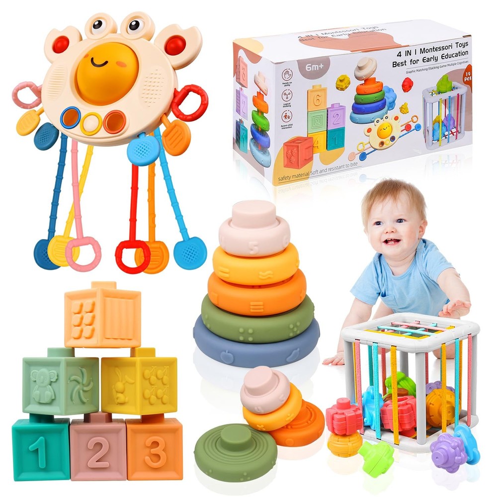 Montessori Baby Toys 6-12 Months, Teething Stacking Build Blocks & Rings, Sen...
