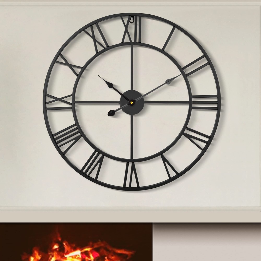 80CM Extra Large Modern Black Metal Wall Clock with Roman Numerals