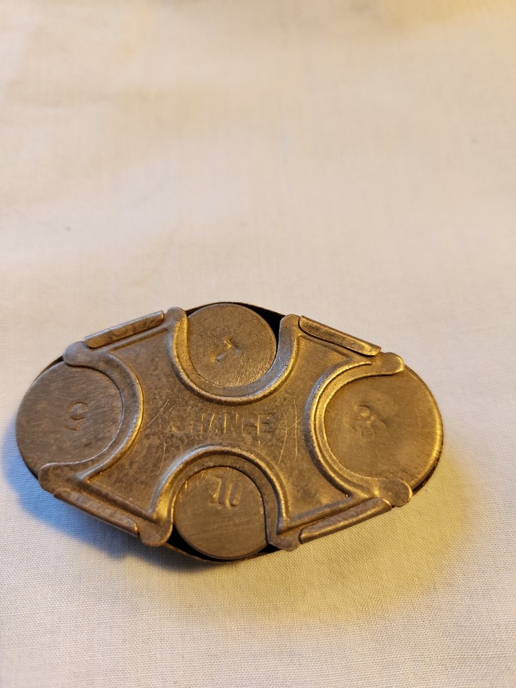 OLD STEEL UNMARKED COIN HOLDER POCKET BANK HOLDS PENNY, NICHEL, DIME & QUATERS