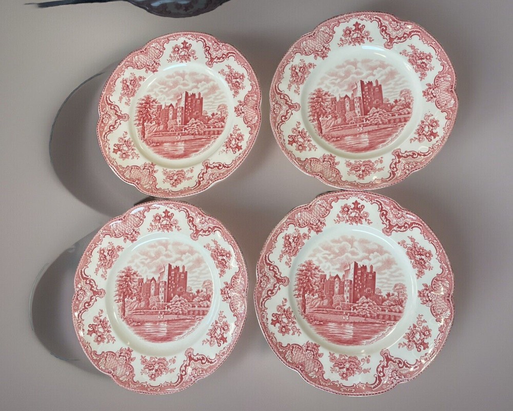 4 Johnson Bros “Old Britain Castles”10” Pink Red Dinner Plates, Scalloped Edges