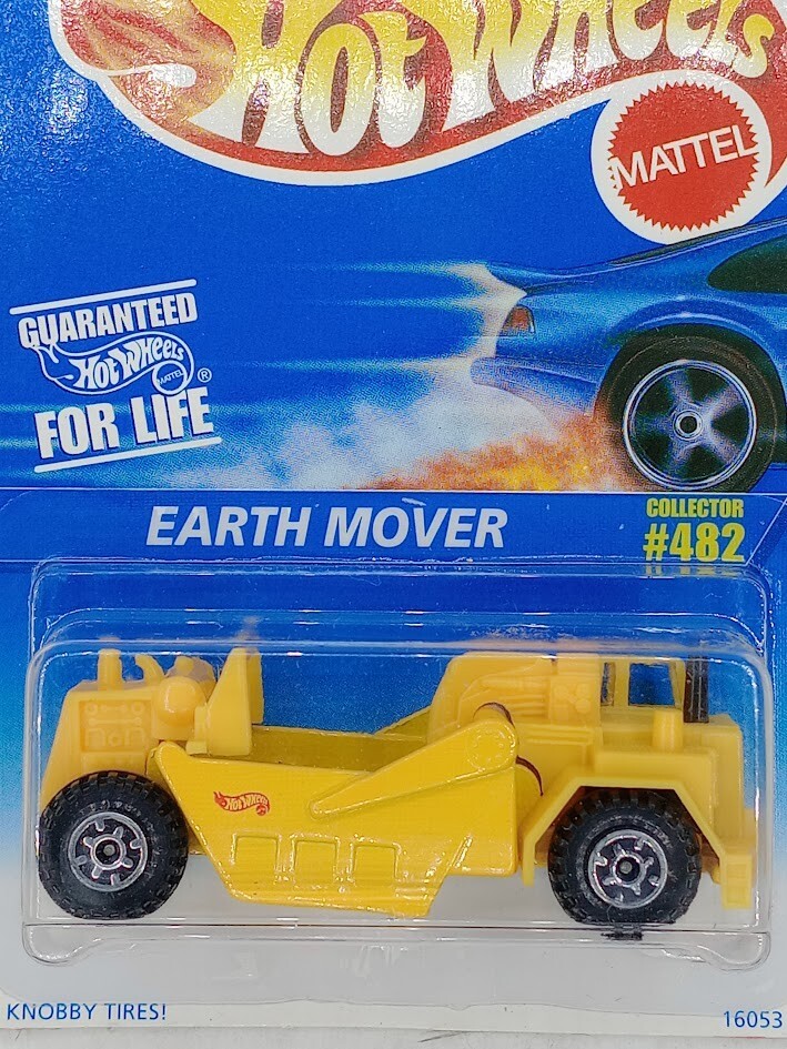 1995 Hot Wheels Blue/White Card #482 EARTH MOVER Const Vehicle Yellow w/Gear