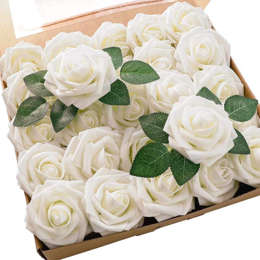 Artificial Flowers 25pcs Real Looking Ivory Foam Fake Roses with Stems for DI...