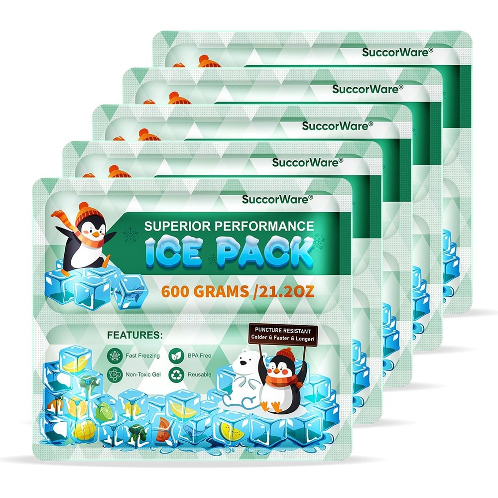 5 Packs Reusable Ice Packs for Lunch Boxes - 12+ Hour Cooling Ice Gel Pack fo...