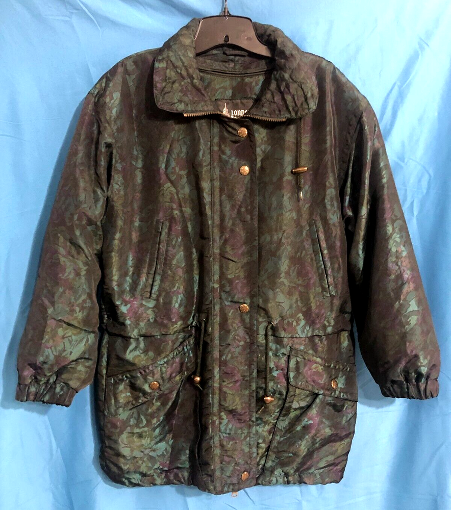 London Fog Women’s Navy Green Floral Print Puffer Jacket Zip Liner S Reg