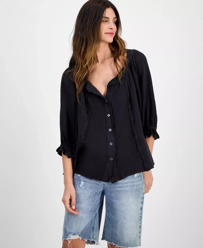 Free People Women's Top Sz M Lucy Cotton Button-Front Swing