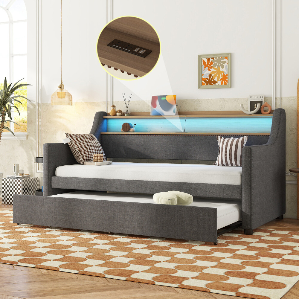 Twin Upholstered Daybed with Trundle, Charging Station, and LED Lights