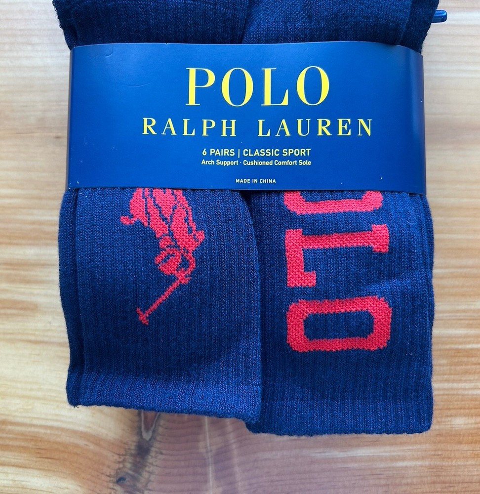 New Polo Ralph Lauren Men’s Navy Sport Crew Socks 6-Pack with Red Pony 10-13