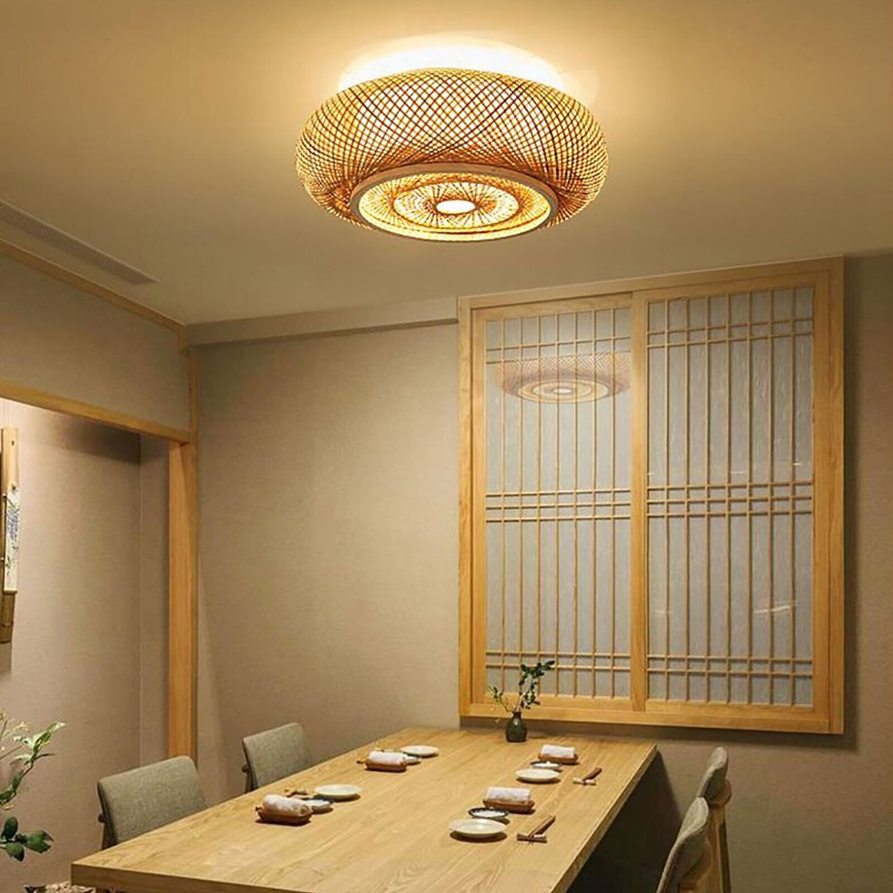 Rustic Bamboo Ceiling Light Flush Mount Wicker Rattan Ceiling Lamp Pendant Home
