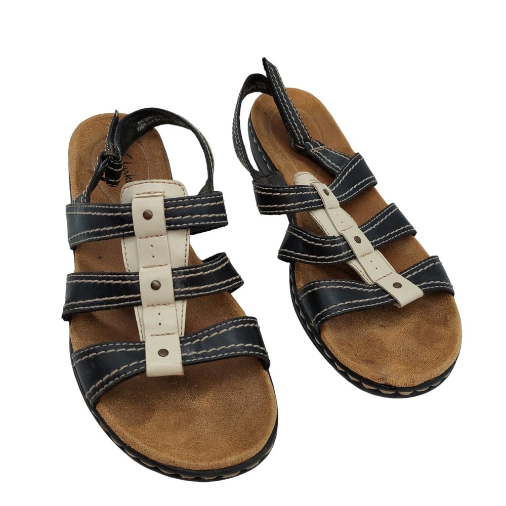 Clarks Collection Black Beige Leather Slingback Sandals Shoes Women 9 M