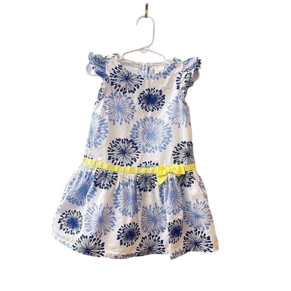 Gymboree Girls Dress Sz 2T Blue White Dandelion Print Yellow Bow Flutter Sleeve