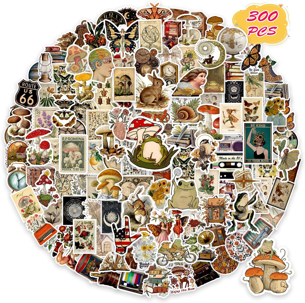 300 PCS Vintage Stickers, Aesthetic Stickers for Scrapbook Journaling Water Bott