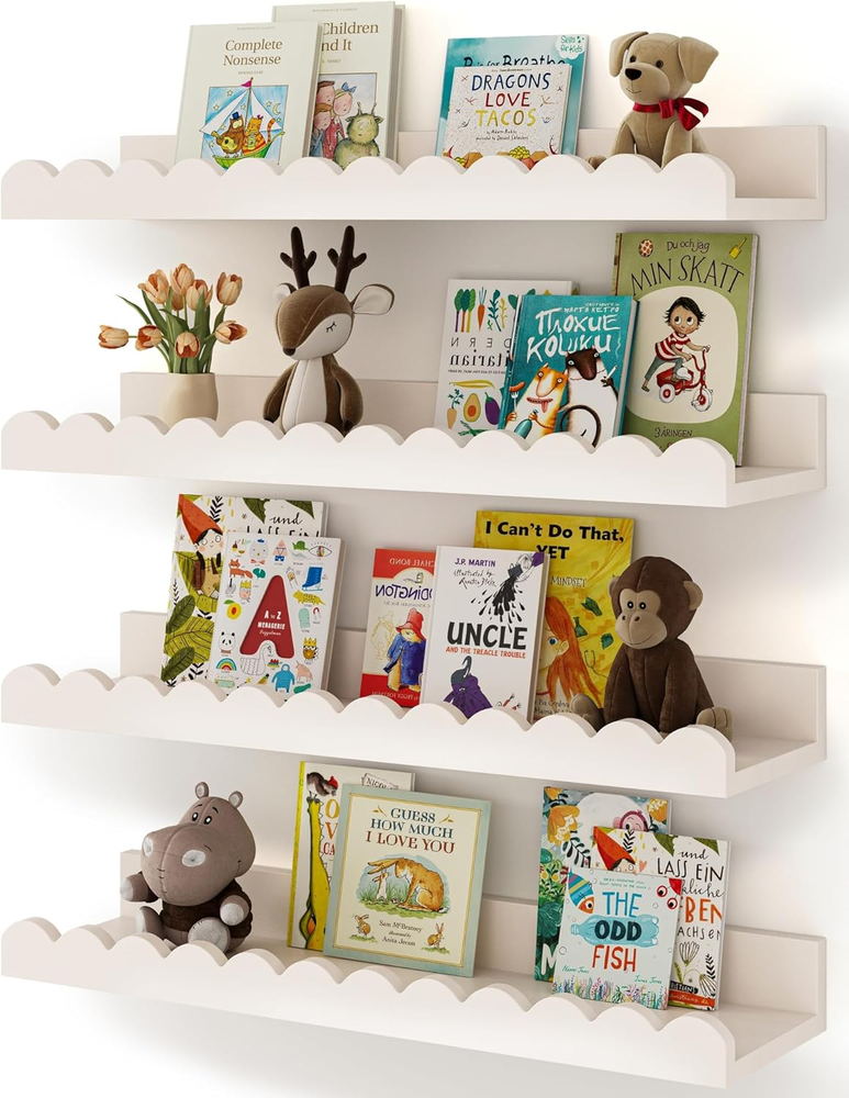 Nursery Book Shelves, 4-Pack White Floating Shelves for Wall Kids, Scalloped She