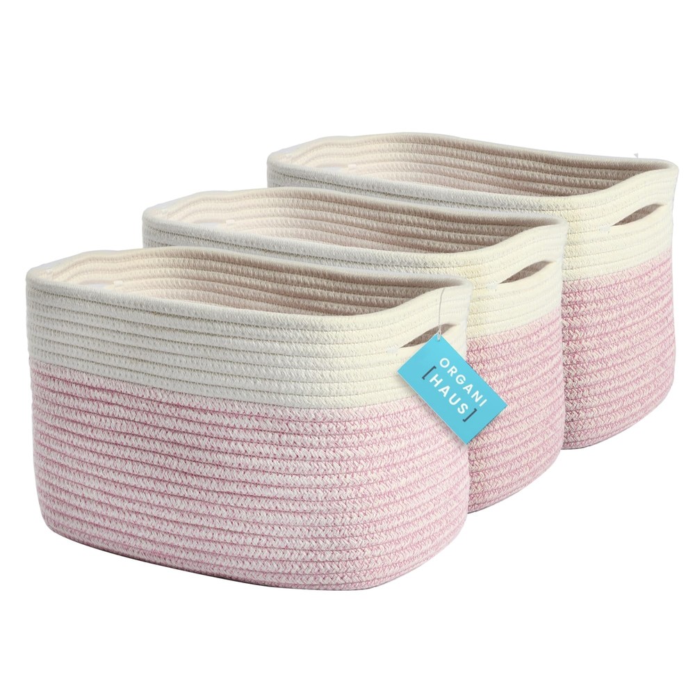 OrganiHaus Set of 3 Pink Woven Baskets for Organizing Cotton Rope Basket for ...