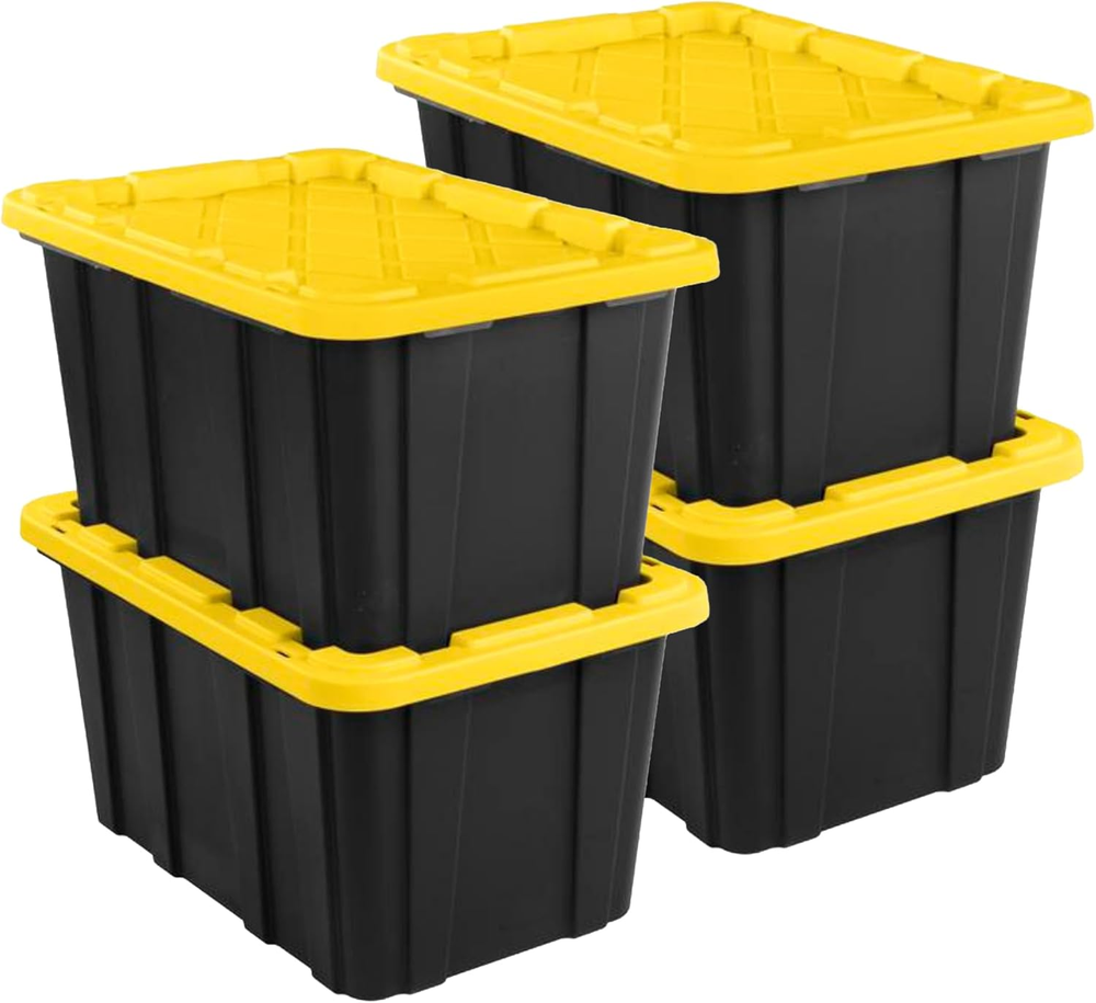 4-Pack 27 Gallon Industrial Storage Tote, Heavy-Duty Plastic Bins, Black/Yellow