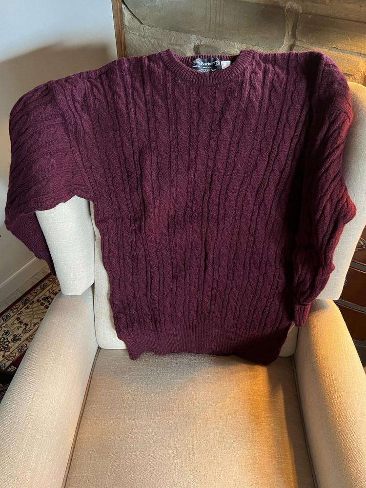 Women’s Large Burberry Scottish Wool Burgundy Cable Knit Sweater / Jumper