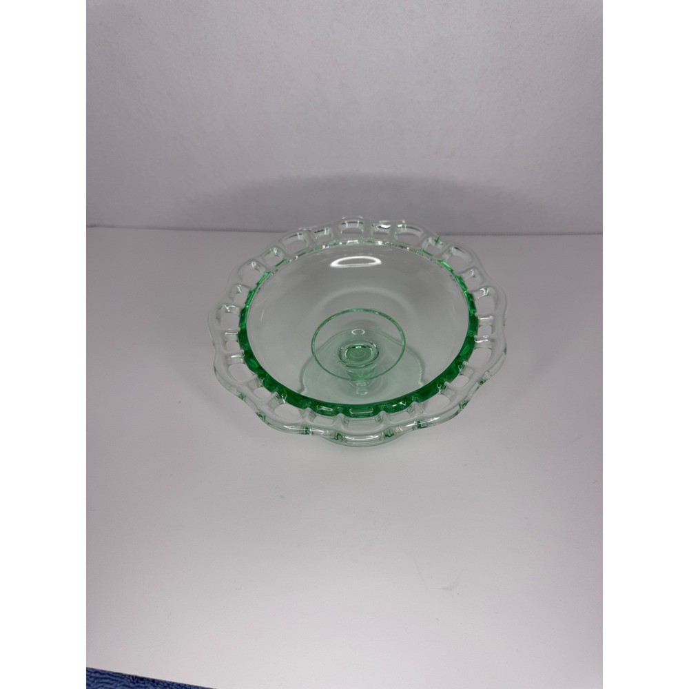 Vintage Green Depression Glass Compote Dish Open Lace Edge Footed Candy Bowl 6in