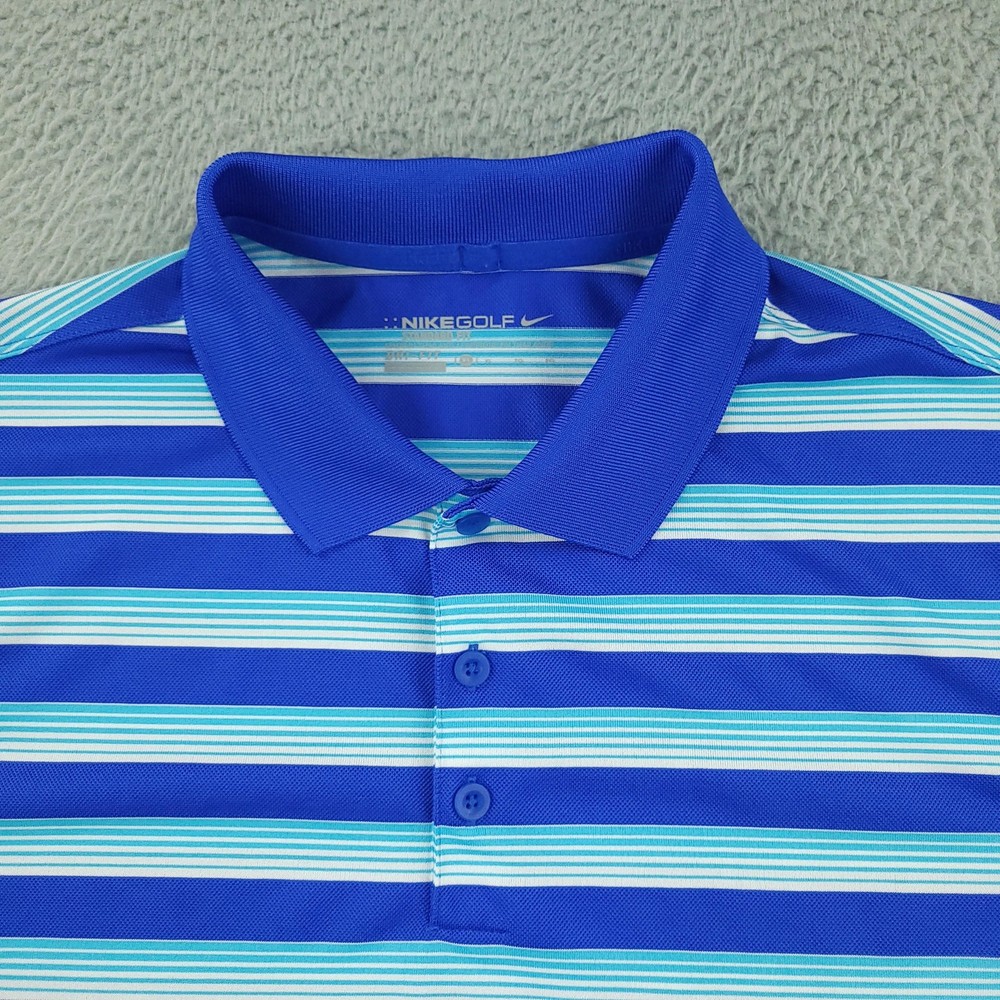 Nike Golf Polo Shirt Mens XL Blue Stripe Dri-Fit Standard Fit Golf Performance