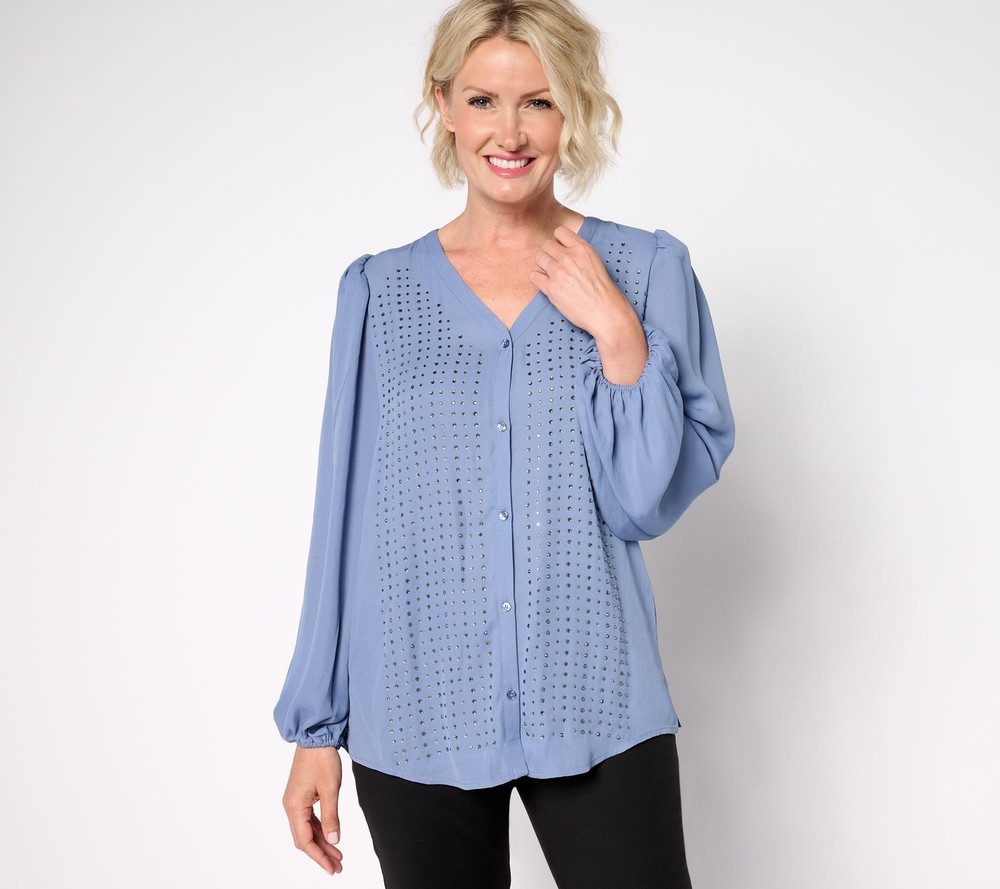 Dennis Basso Women's Top Sz S Double Georgette Blouse Embellishment Blue A667617