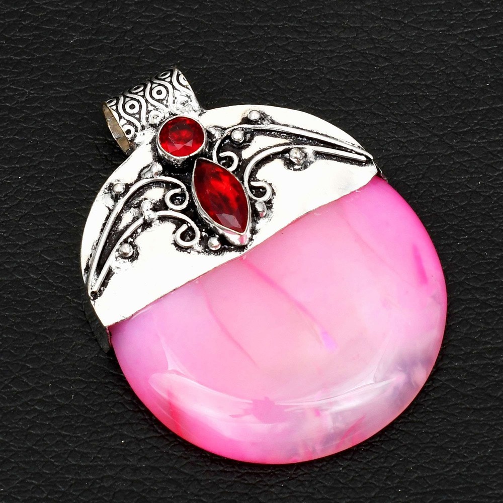 Pink Agate Garnet Gemstone Handmade Ethnic Pendant Necklace For Women 2 Inch AP-31416