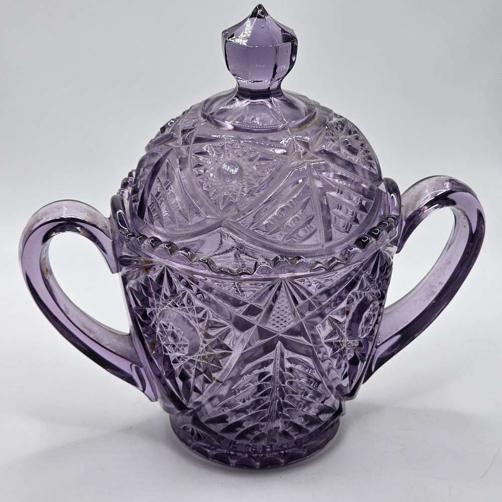 Purple Etched Cut Glass Candy Dish With Lid Vintage  Ornate