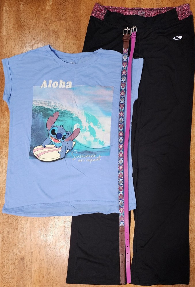 Girls XL - Disney Stitch T-Shirt, CHAMPION Pink/Black Pants, 2 Multicolor Belts
