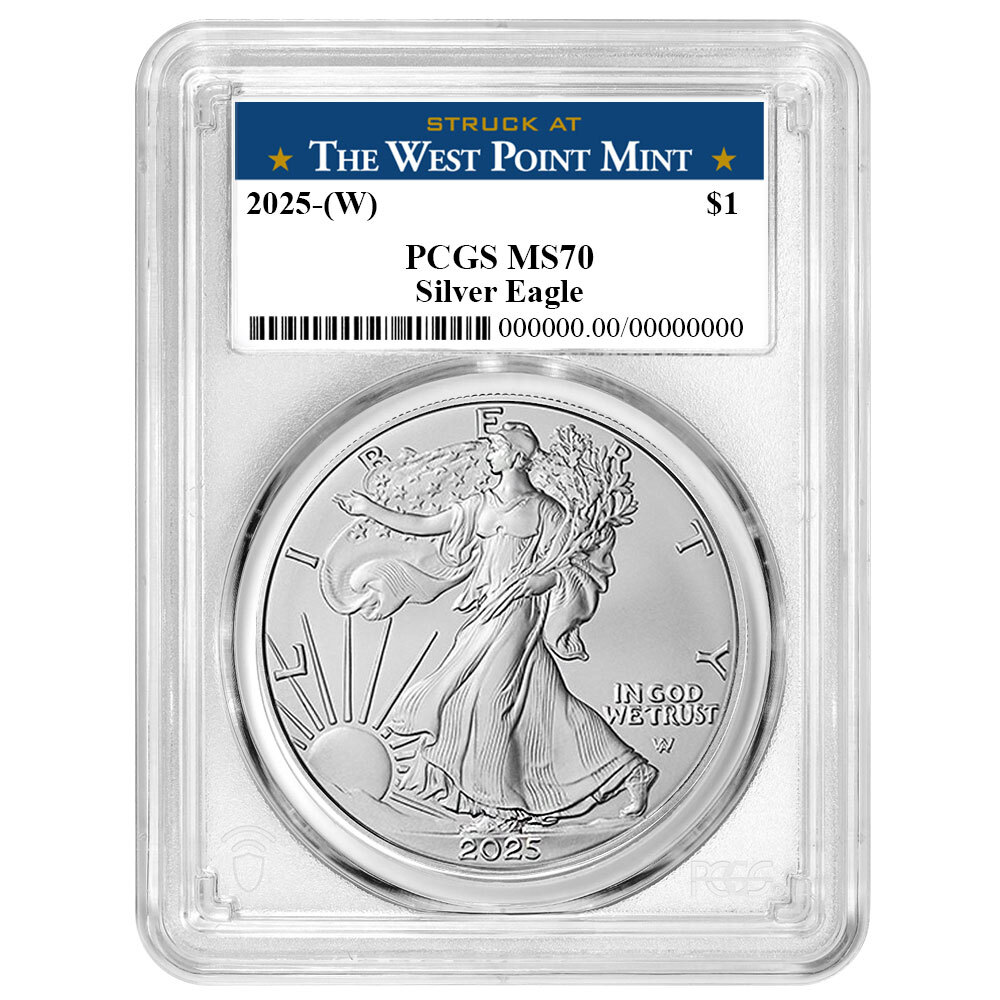 Etiqueta West Point 2025 (W) $1 American Silver Eagle graduación profesional MS70