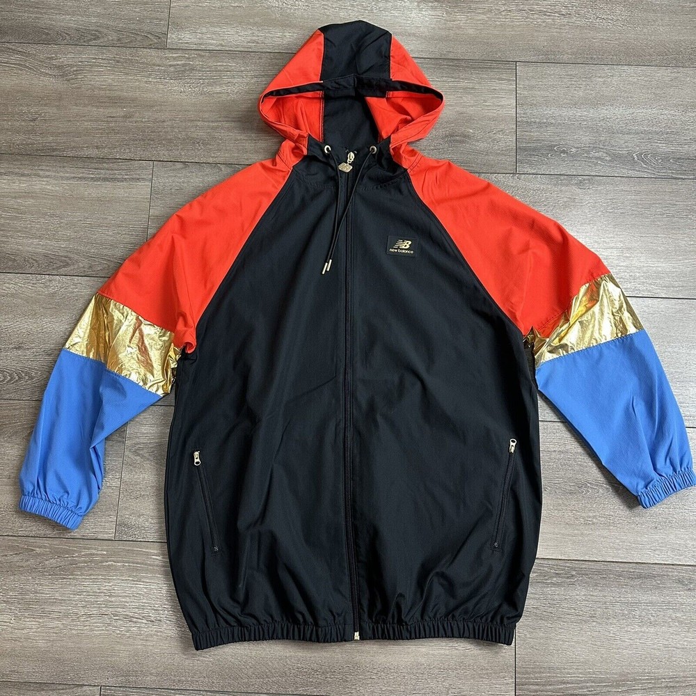 New Balance Jacket Size M Windbreaker Black Magnet Red Gold