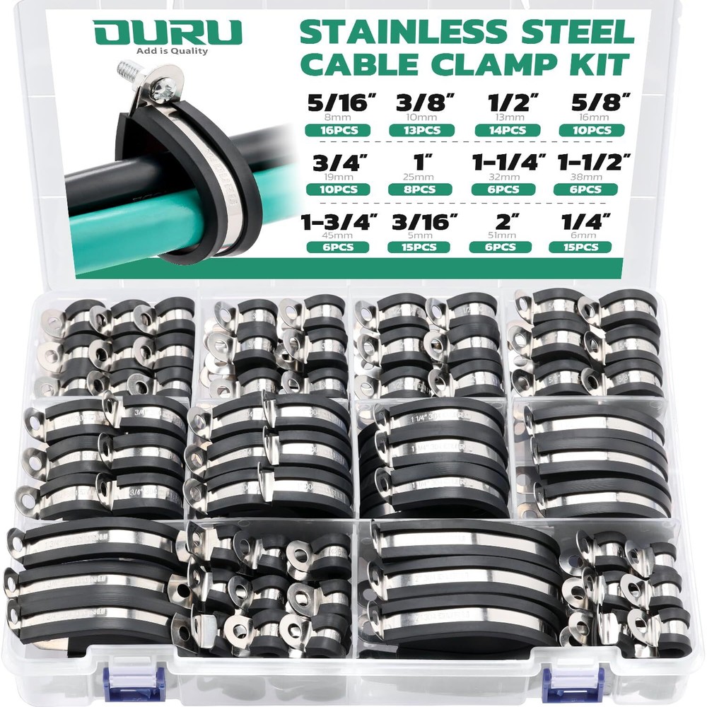 125PCS Cable Clamp,12 Sizes Stainless Steel Rubber Coated Cushioned Insulated Ca