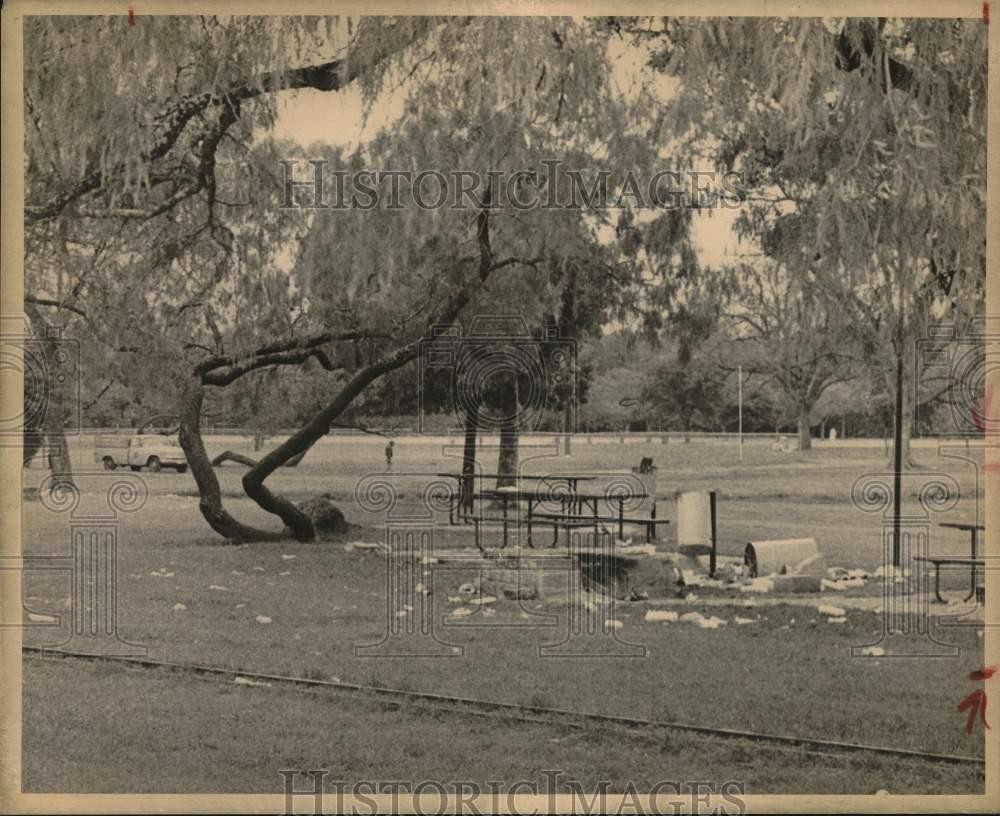 1975 Press Photo Trash and debris on the grounds of Brackenridge Park, Texas