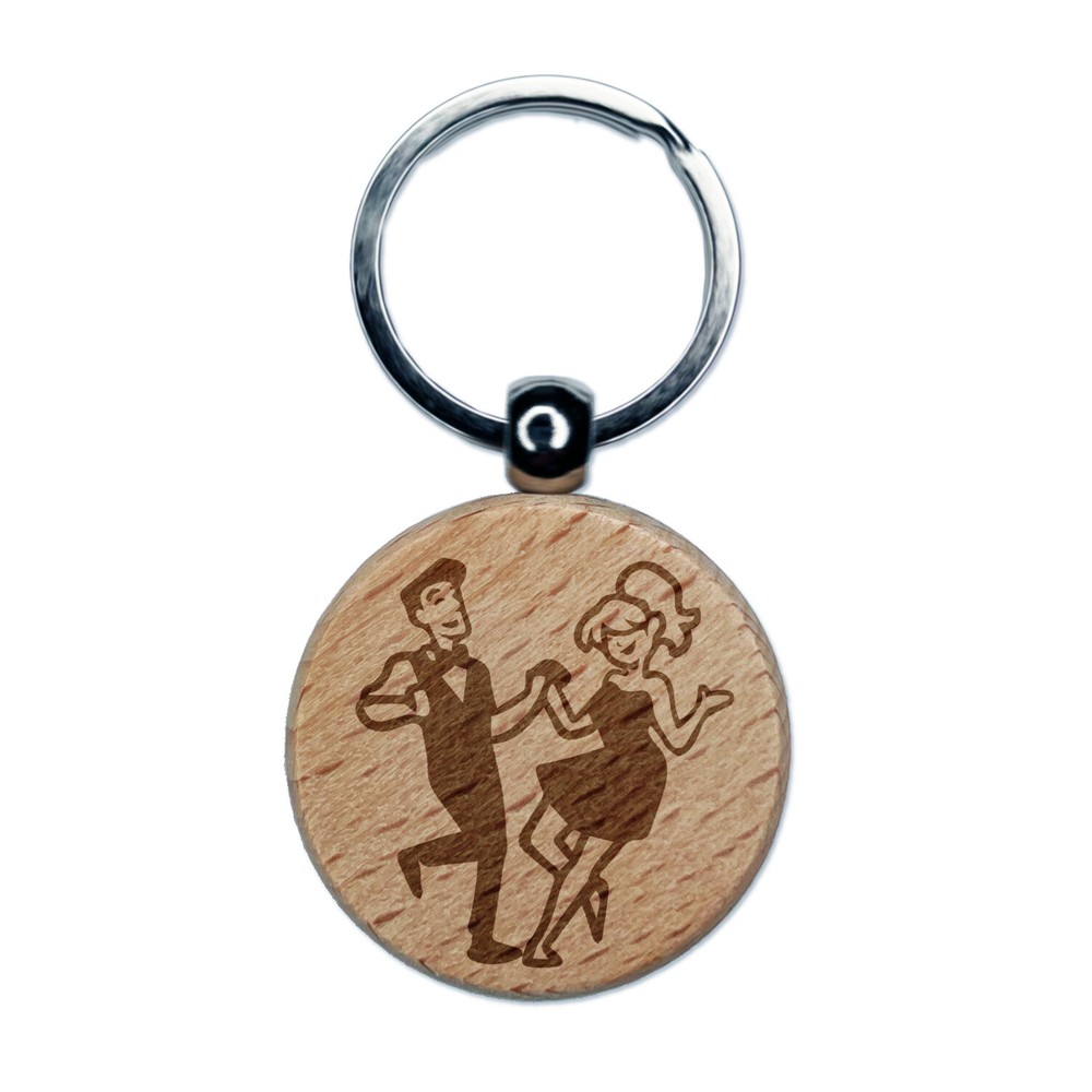 Happy Dancing Couple Engraved Wood Round Keychain Tag Charm