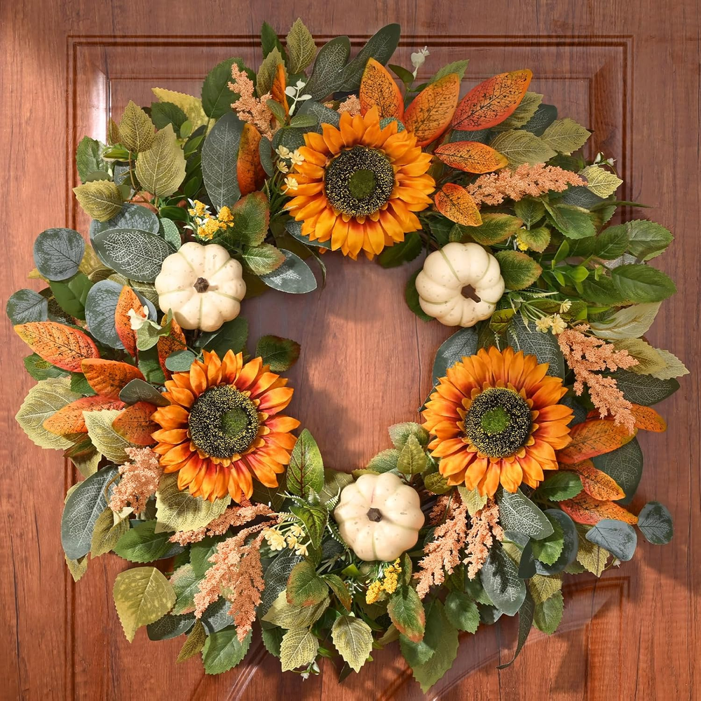Fall Wreaths for Front Door,22In Sunflower Fall Door Wreath with Pumkin，Fall Wre