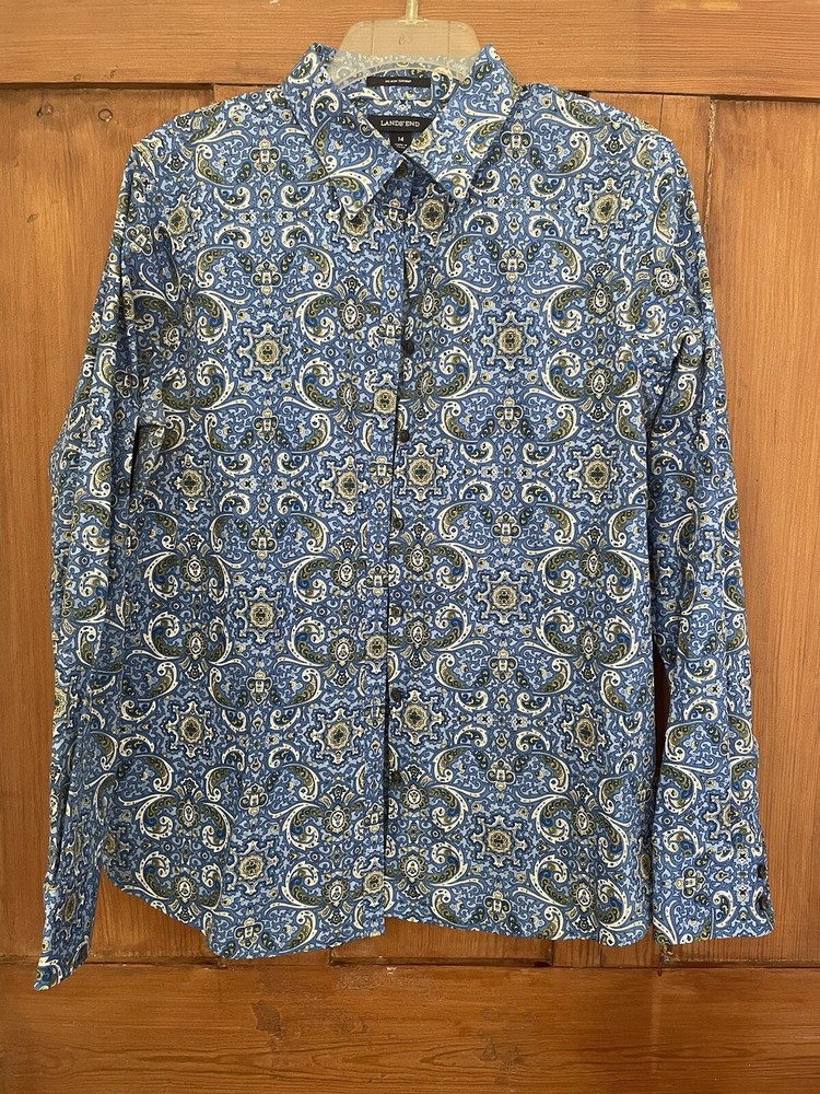 Women’s Lands End Long Sleeve Blue White Print Shirt Size 14