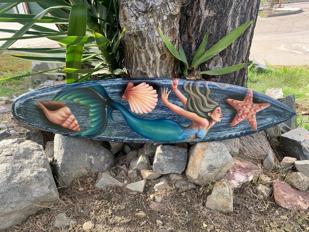 Mermaid and Sea Shell Airbrushed Decorative Surfboard Wall Plaque Mango Wood
