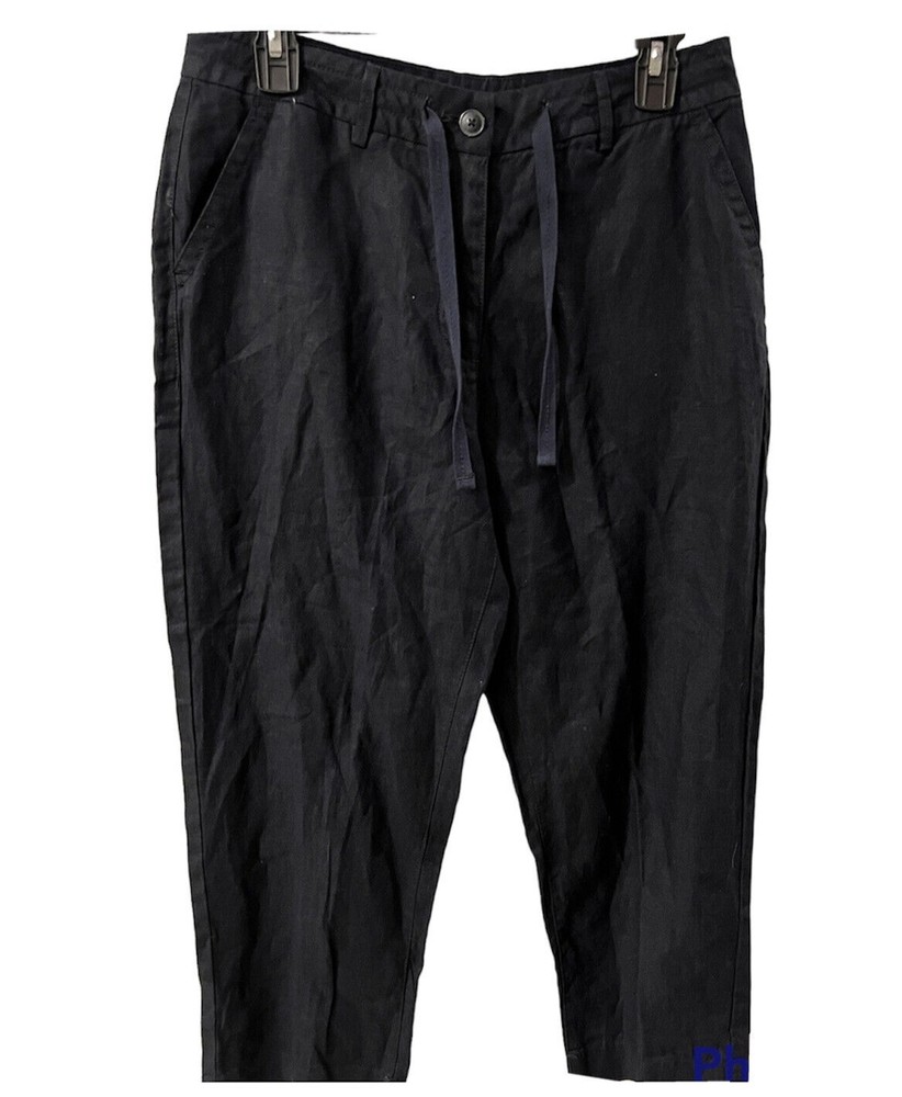 LL Bean linen ankle pants size 8 black stretch zip fly tie waist classic fit