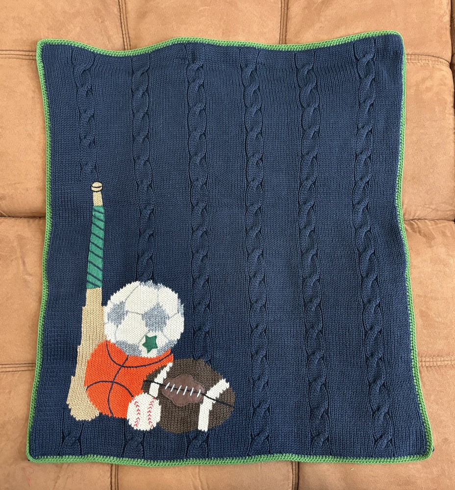Sports-Themed Baby Knit Blanket 24x28 Navy Blue 100% Cotton EUC ⚾🏈🏀⚽