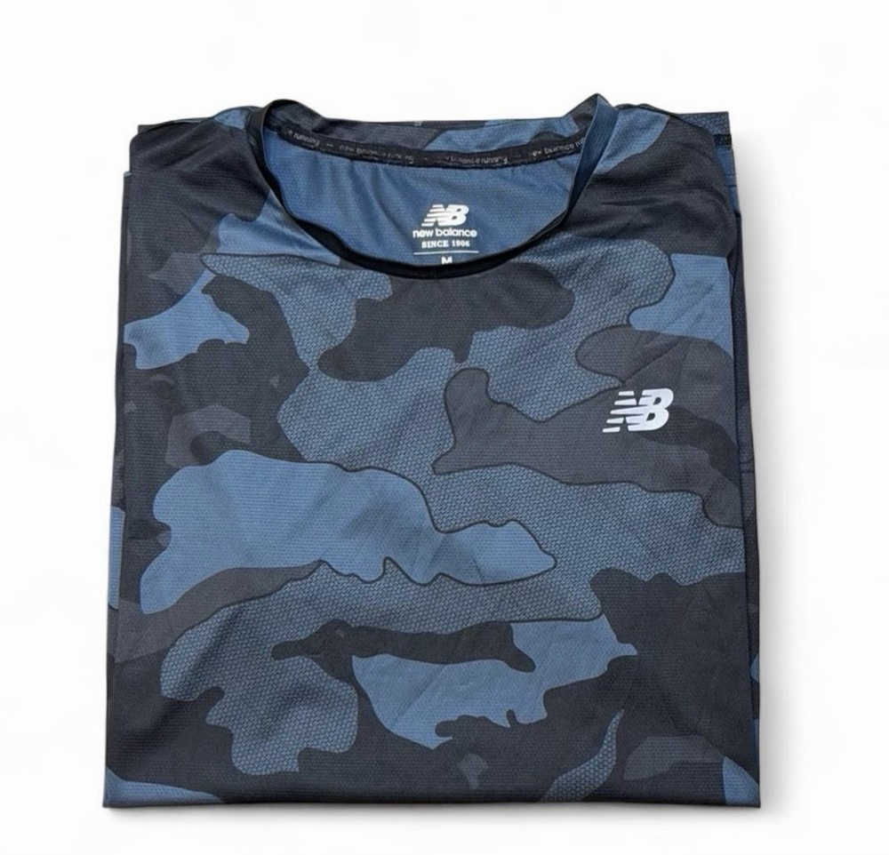 New Balance Running Shirt Mens M Blue Camo Performance Athletic T Shirt