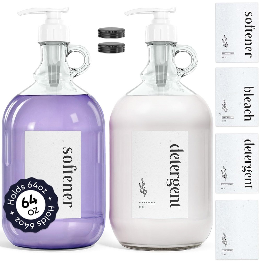 Half Gallon Glass Dispenser Bottles 2-Pack 64 Oz Leakproof With Labels