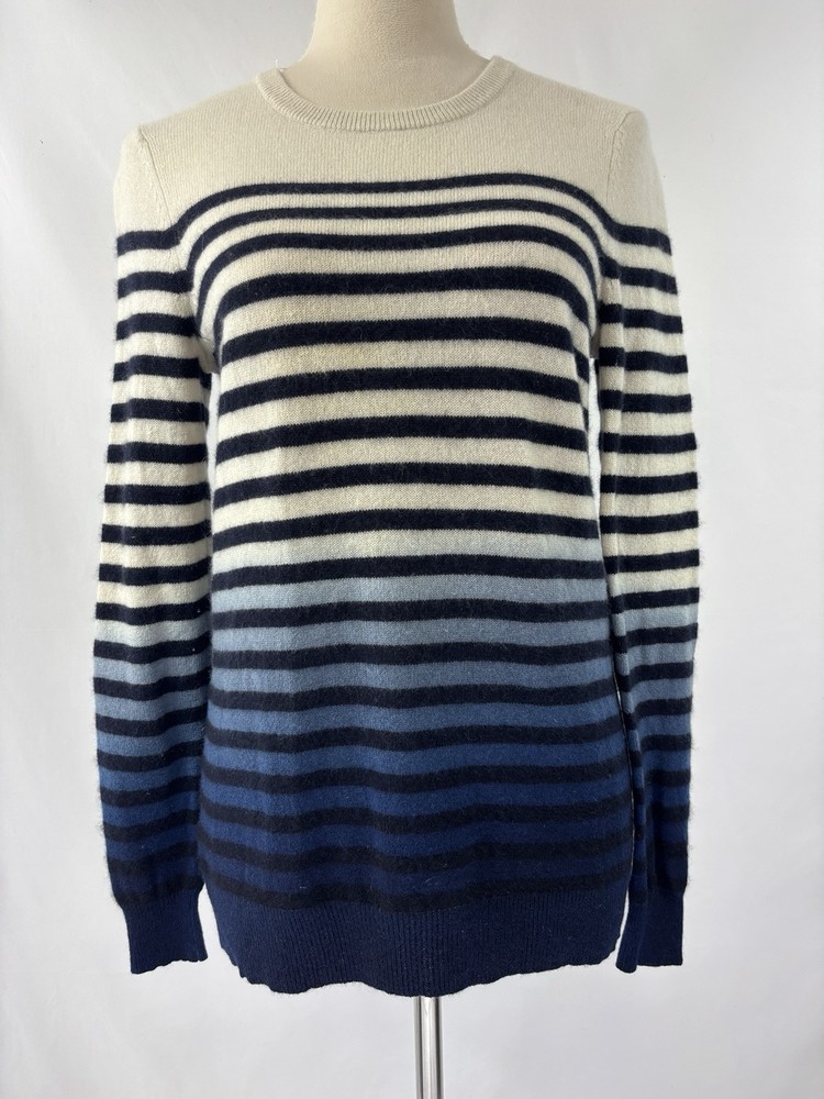 Bloomingdales Cashmere Sweater Large Size Cream Blue Stripe Dip Dye Pullover