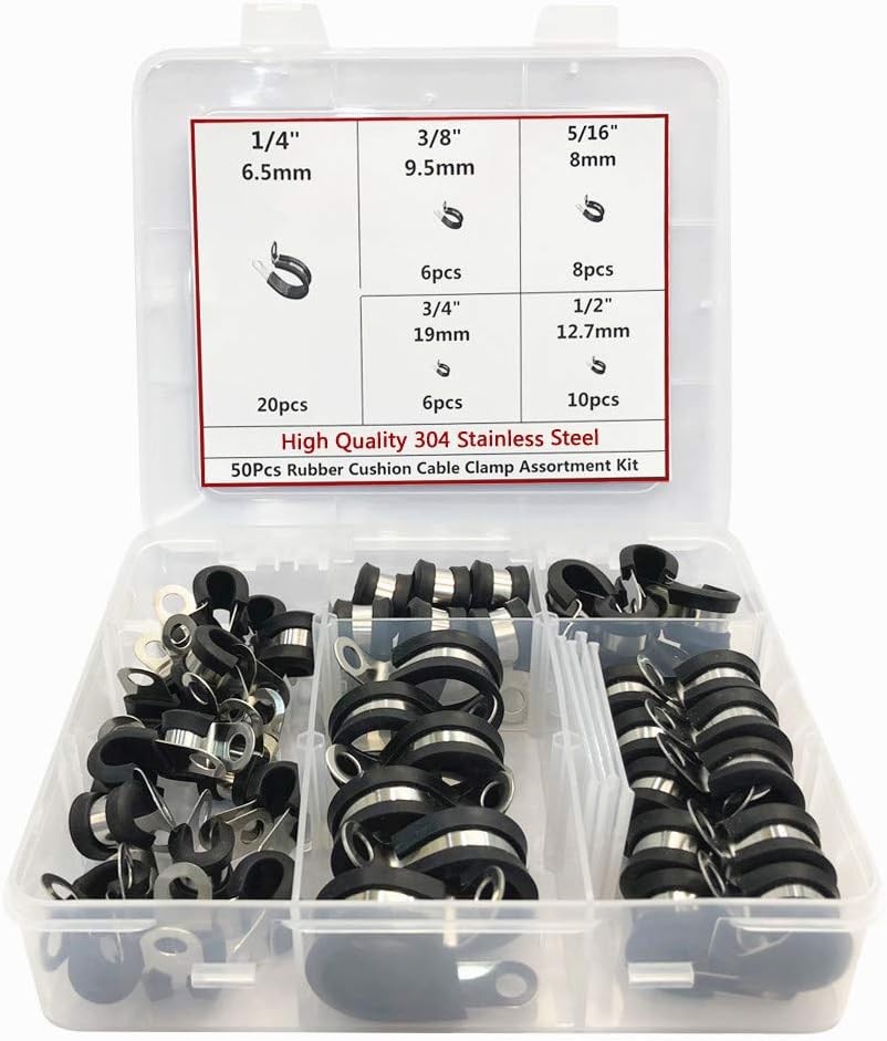 50pcs Stainless Steel Cable Clamps with Rubber Cushion Insulation