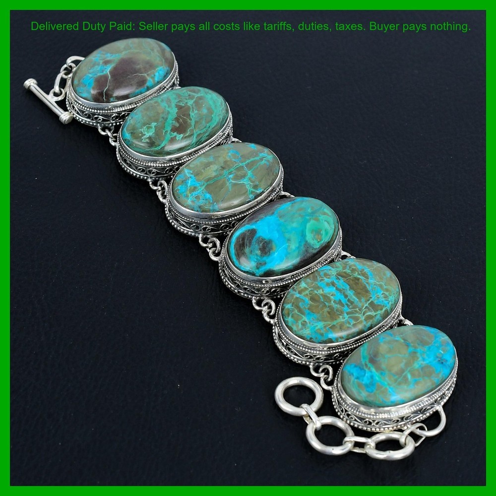 Cyber Monday Deal Sterling Silver Chrysocolla Gemstone Vintage Chain Bracelet-image